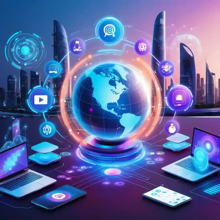 digital marketing company in kuwait;.futuristic digital marketing scene with advanced technology and innovation